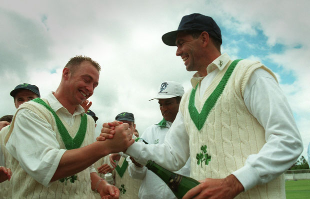 Decker Curry and Hansie Cronje celebrate after Ireland beat Middlesex in 1997