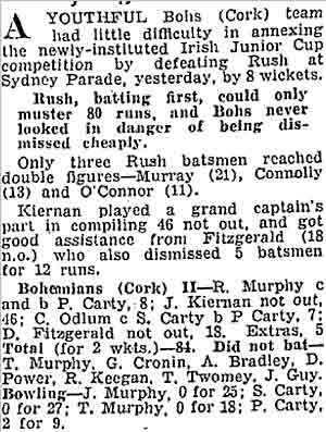 Report and Scorecard for First Final of Irish Junior Cup, Irish Press, 28 September 1950