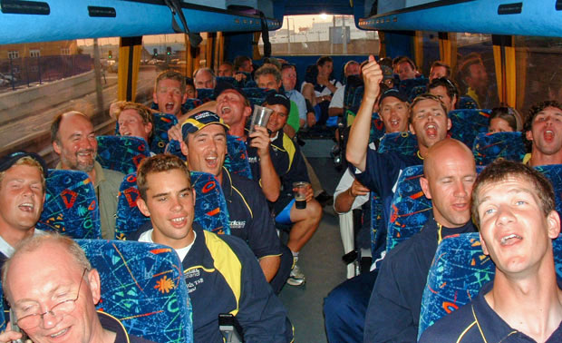 A happy Scotland team returning to their hotel after defeating Ireland in the Final